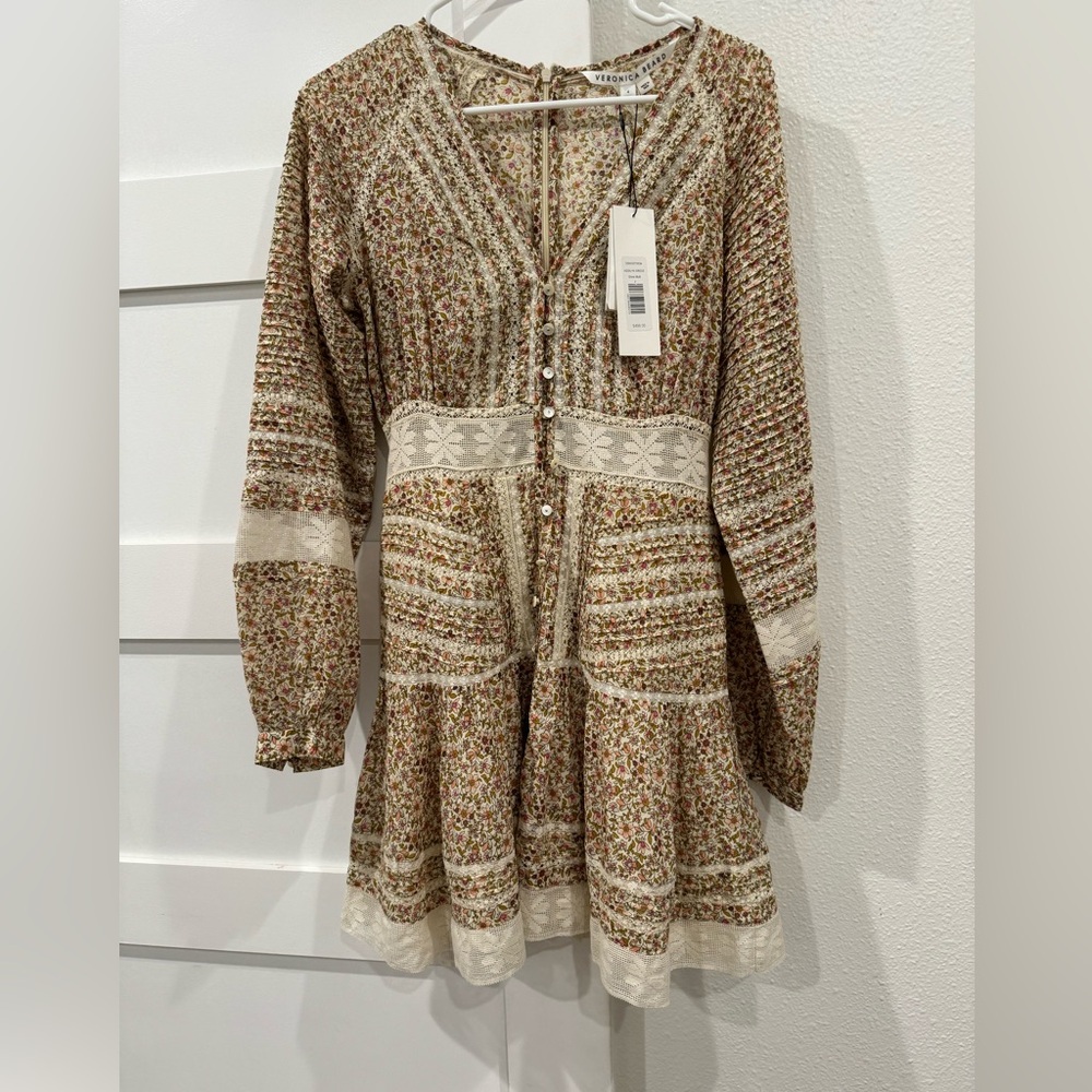 Veronica Beard Tan Mini Dress with Bishop Sleeves and V-Neck - Picture 2 of 8